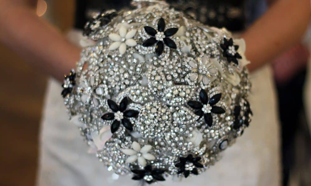 Jewelled brooch bouquet made of silvers, blacks and whites