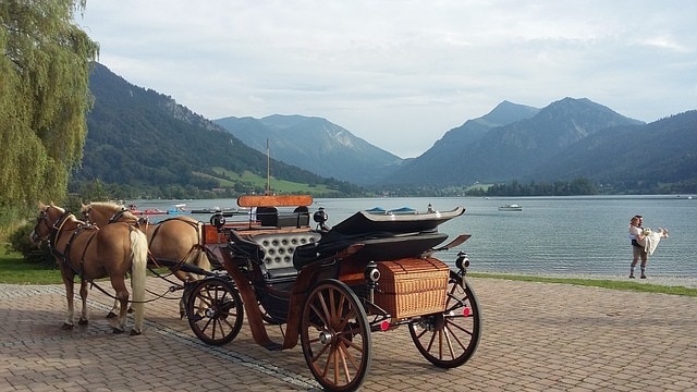 Traditional horse drawn carriage parked with a gorgeous lake, mountains and married couples in the background.