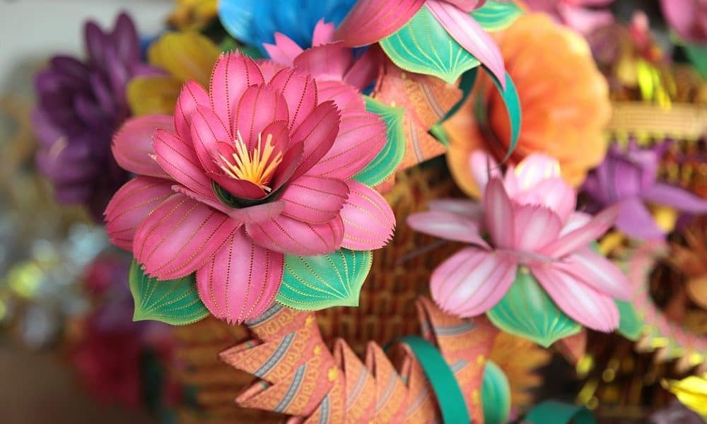 Brightly colored paper flowers