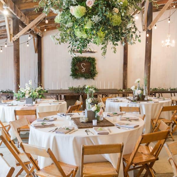 Rustic wedding breakfast set up.