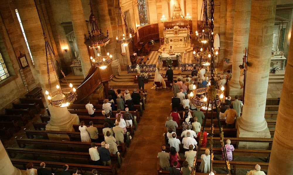 A birds eye view of a formal wedding ceremony.