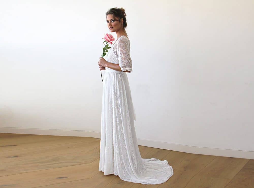 Floral Lace Ivory Sheer Maxi Dress With Train