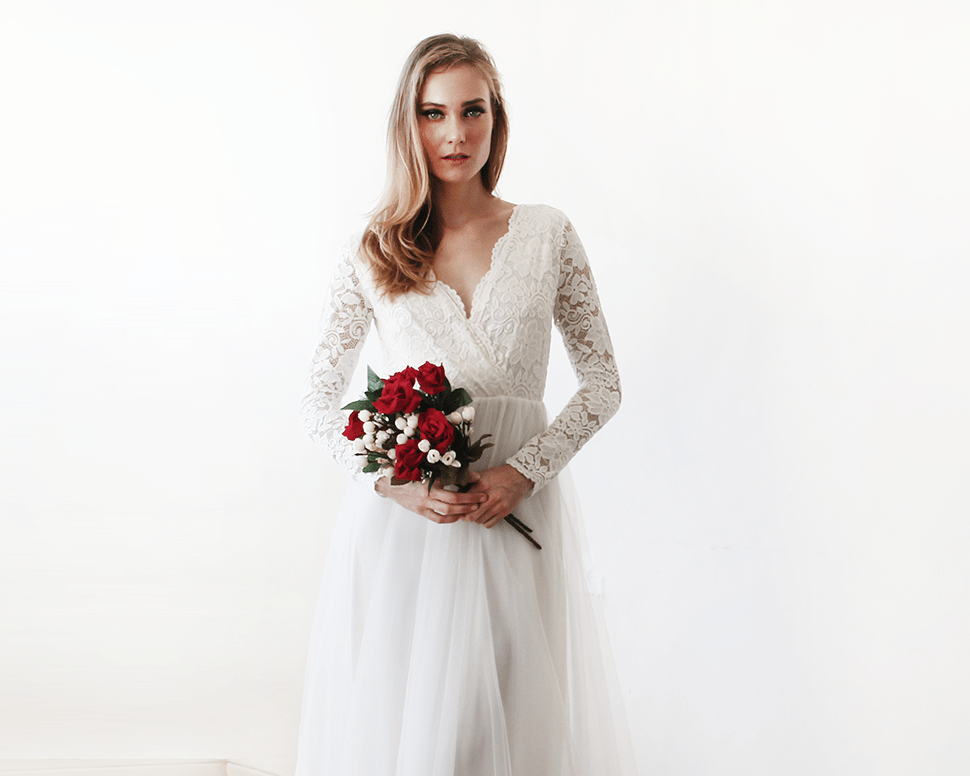 Ivory Tulle and Lace Long Sleeve Wedding Maxi