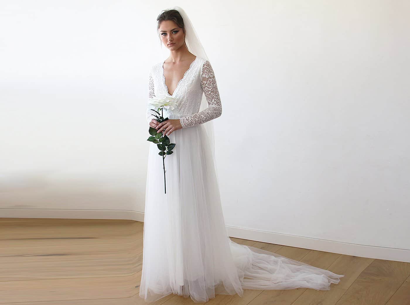 Ivory Tulle and Lace Long Sleeve Wedding Train Gown