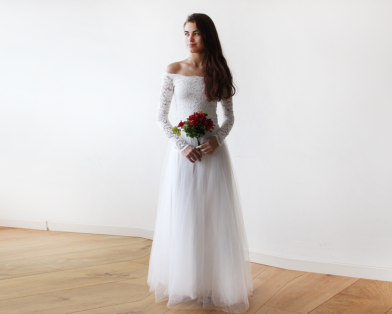 Off-The-Shoulder Ivory Lace and Tulle Wedding Maxi Dress