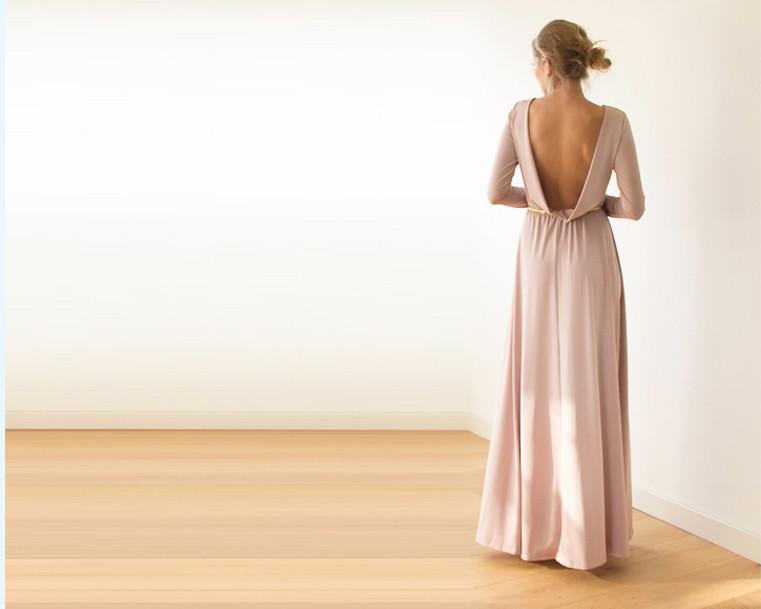 Backless pink maxi dress with long sleeves