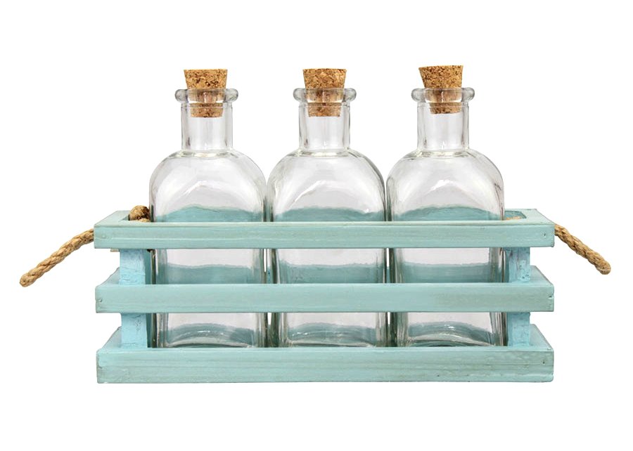 Mini Glass Beach Bottle in Wood Tray & Rope Handles