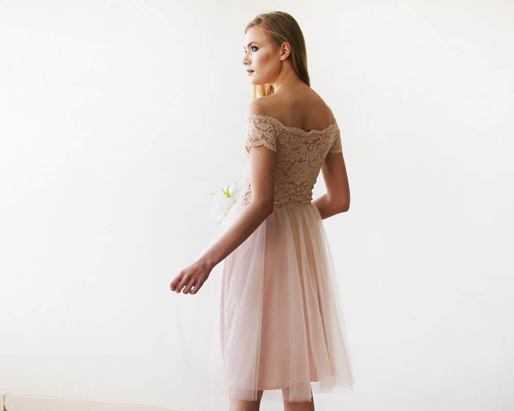 Off the Shoulders Blush Pink Tulle & Lace Midi Short Sleeves Dress