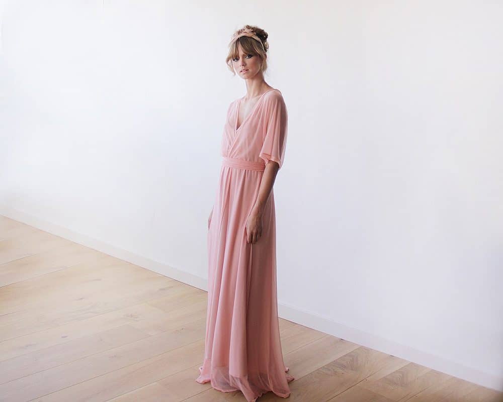 Pink Sheer Chiffon Bat-wing Maxi Dress